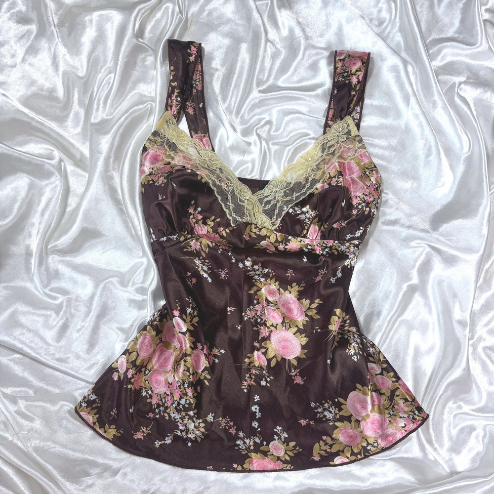 y2k Camisole Top Brown Excellent Floral Lace Sequin Satin Eyeshadow M